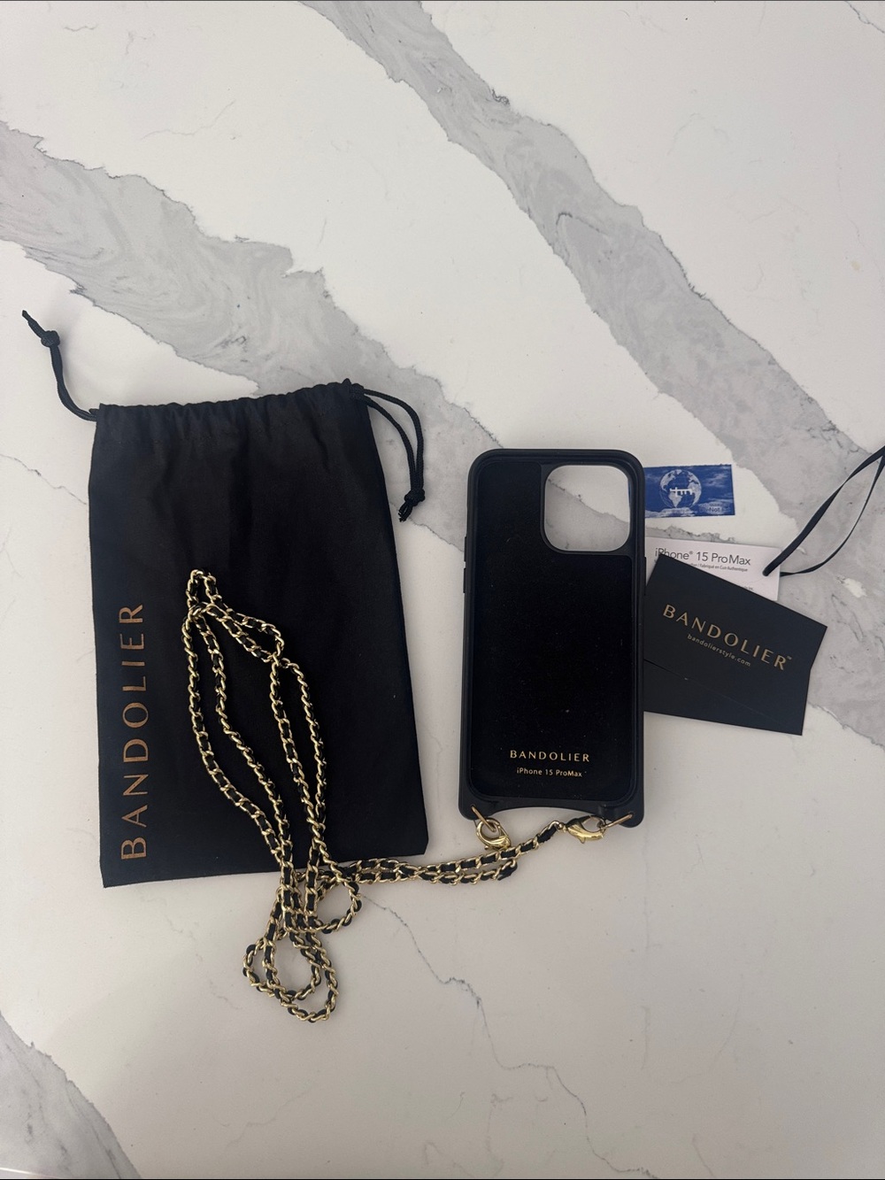 Bandolier Black Leather iPhone Case with Gold Chain Crossbody Strap